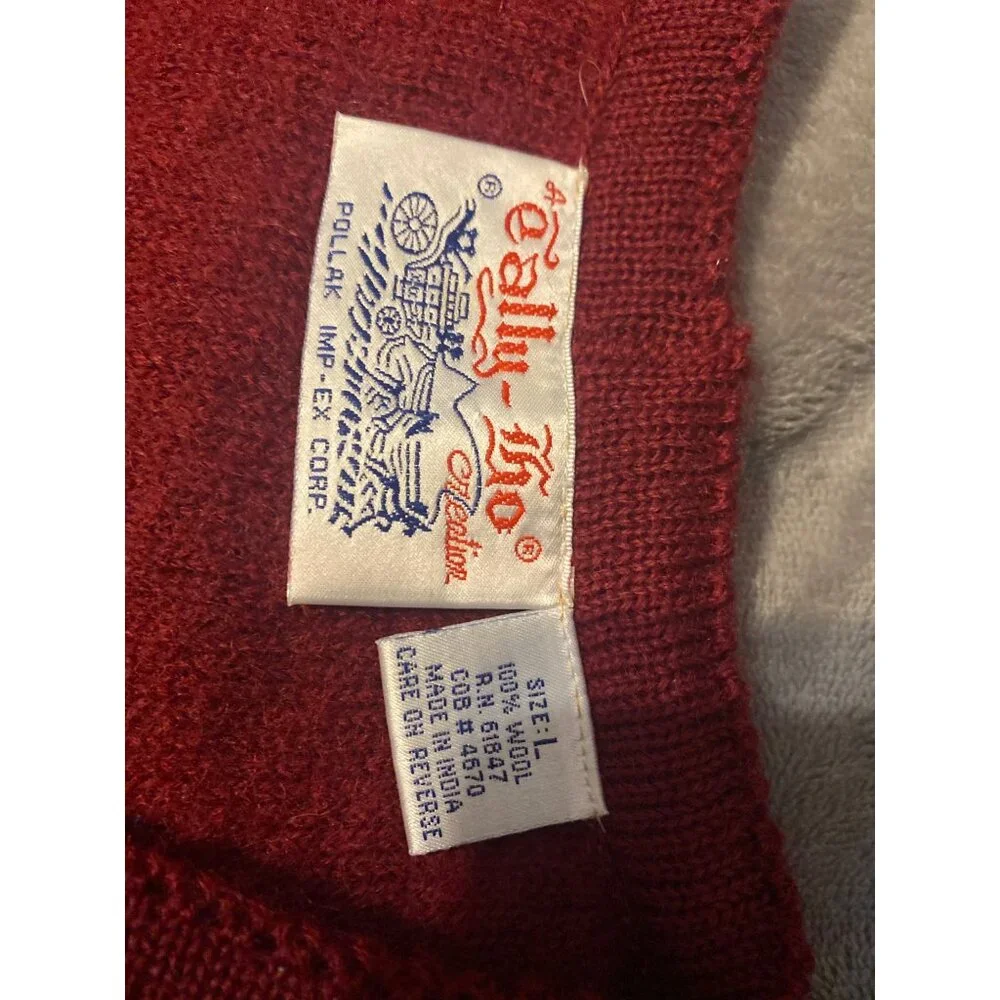 Vintage Tally-Ho Burgandy 100% Wool Button Cardigan Sweater L Womens Office wear